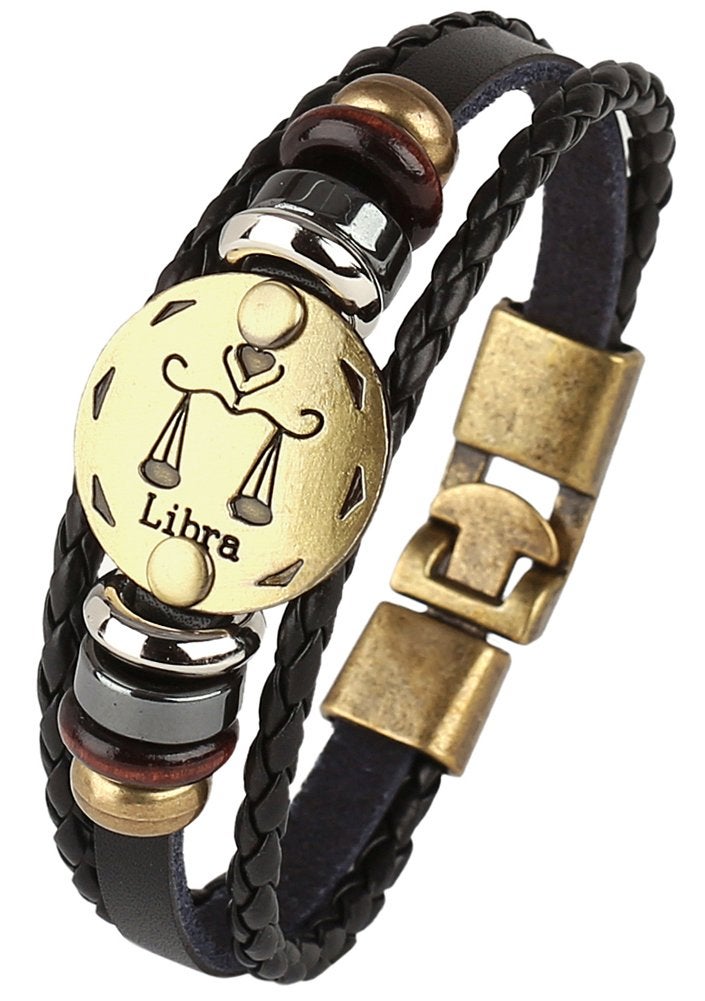 Hamoery Punk Alloy Leather Bracelet For Men Constellation Braided Rope Bracelet Bangle Wristband(Libra) - Image 1